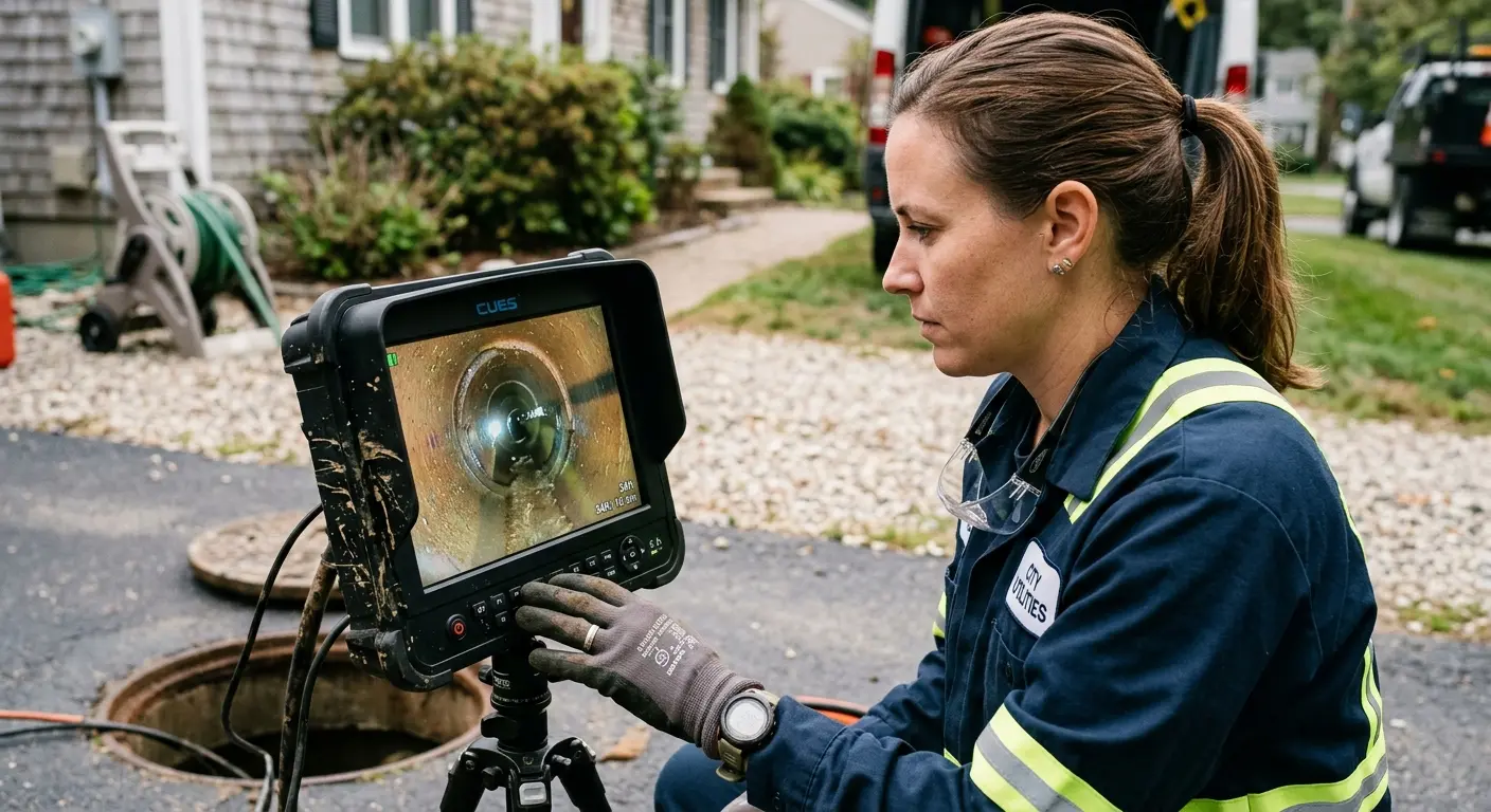 Technician reviewing sewer camera inspection footage in Newton