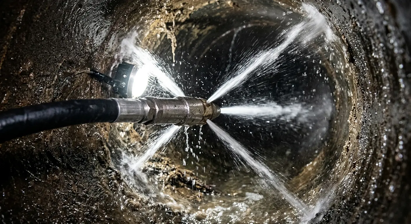 High-pressure hydro jetting nozzle cleaning sewer pipe for Trenchless Sewer Repair in Newton