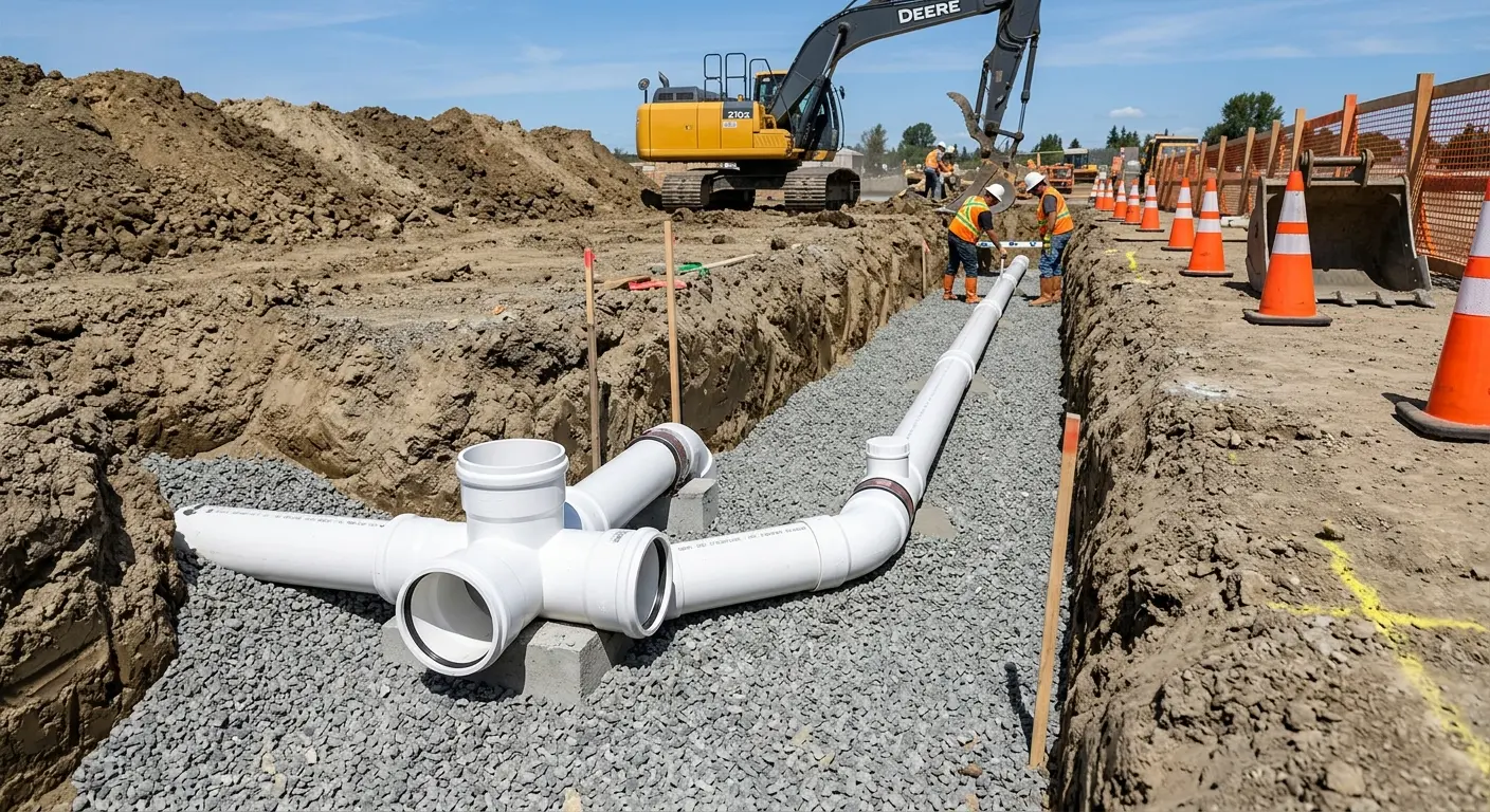 New PVC sewer pipe installation in open trench for Commercial Drain Cleaning in Newton